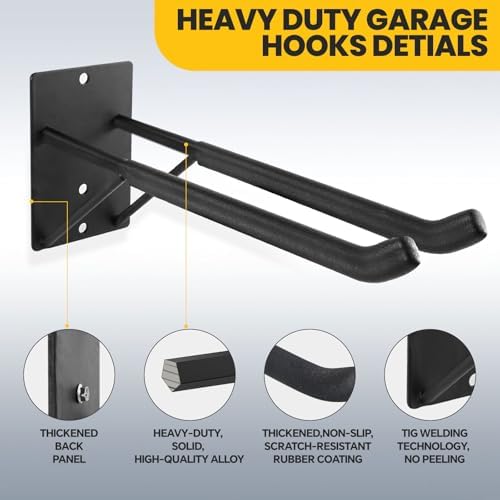 14" Large Heavy Duty Garage Hooks, 4-Pack Steel Garage Storage Hooks with Support Rods, Utility Wall Mount Hangers for Power Tools, Car Tires, Ladders, Chairs, Garden Tools and More - Image 2