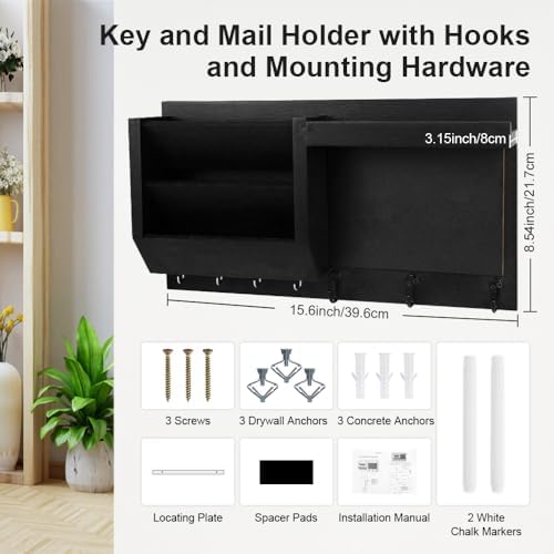 Key Holder for Wall Decorative, Wooden Mail Holder Wall Mount Organizer, Key and Mail Rack Key Hooks with Chalkboard and 2pcs White Pens for Home Entryway Hallway Doorway(Black) - Image 2