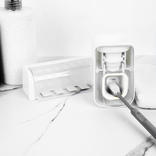 5 Slots Wall Mount Toothbrush Holder with Cover, Self Adhesive Toothbrush Storage Organizer for Shower, Toothbrush Hanger with Automatic Toothpaste Squeezer Dispenser - Image 3