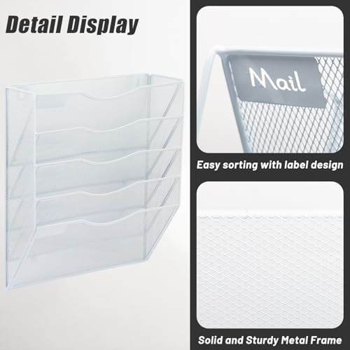 EASEPRES 5 Pocket Mesh Hanging Wall File Organizer, Wall Mounted Mail Paper Document Folder Holder, Clipboard Storage Organization Magazine Rack with Nametag Label for Office Home School, White - Image 4