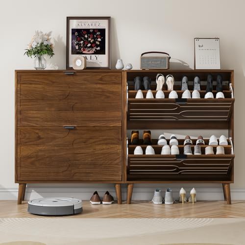 Shoe Cabinet Storage for Entryway with 2 Flip Drawers, Narrow Shoe Cabinet with Black Handles for Entryway, Hidden Slim Shoe Organizer Rack, 31.5" w x 9.45" D x 39" H - Image 4