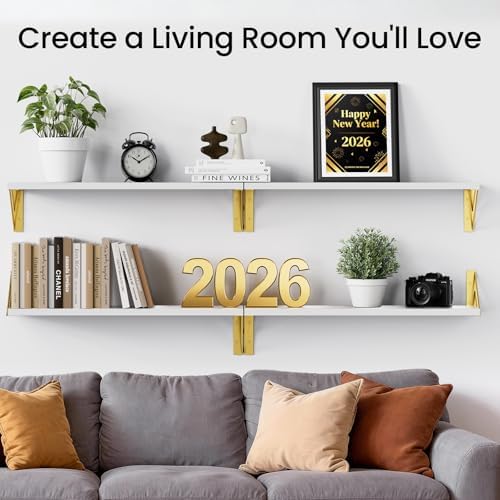 BAYKA Wall Shelves for Bedroom Decor, Wood, White and Gold, Set of 4, 23in - Image 3