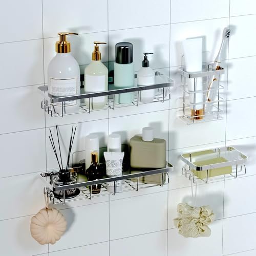 Shower Caddy Organizer with Hooks,Self Adhesive Bathroom Shelves,No Drilling Bathroom Organizers and Storage,Perfect for RV, Apartment, Home Decor,Silvery 4PCS by Unknown