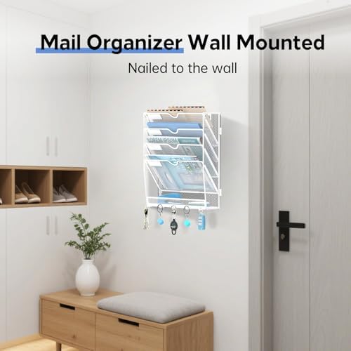 5-Tier Wall File Organizer and Mail Organizer with 5 Hooks, White - Image 3