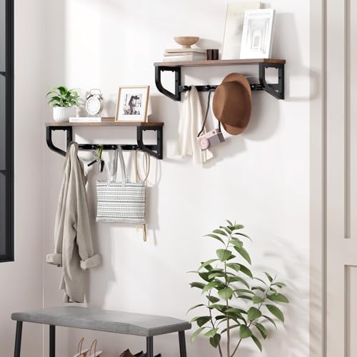 Coat Rack Wall Mount, Wood Wall Shelf with Hooks, Coat Hanger Wall Mount with 4 Metal Hooks, Wall Mounted Coat Rack Organizer for Entryway, Bedroom, Living Room, Room Decor, Brown 2 Pack - Image 7