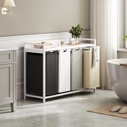 Herture Laundry Hamper with Shelf, Laundry Basket 4 Section, Laundry Sorter with Pull-Out Removable Large 4 Color Bags and Movable Wheels, Metal Frame, 4 x 15.87 Gallons (60L), White PF07XLE - Image 6