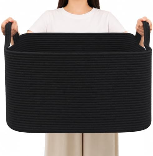 65L Large Laundry Basket with Handles,Woven Blanket Basket,Black by HZFTJOY