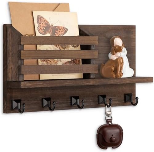 Key Holder Wall Mount, Mail Organizer for Wall with 5 Square Key Hooks by Lucundm