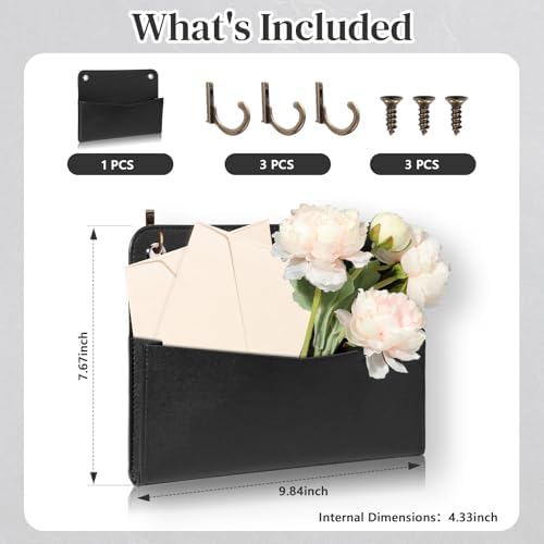 Wall Mount PU Leather Mail Holder Black Faux Leather Letter Holder 2 Ring 9.8" x 7.7" x 1.4" File Organizer Stylish Wall Hanging Mail Storage for Flowers Envelope Key Notebooks Home Office Decor - Image 2