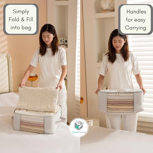 2 Pack Clothing Storage Bags Clothes Organizer folding fabric bags for sweaters, clothing, garment, bedding, quilt, linens, large folding organizers with zip & window, mothproof underbed space savers - Image 3