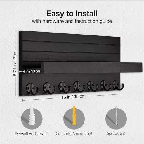 Lwenki Key Holder Wall Mount, Entryway Key and Mail Holder with 7 Sturdy Hooks for Sunglasses, Dog Leash, Decorative Wall Shelf with Mounting Hardware, 15”W x 6.7”H x 4.2”D - Image 2