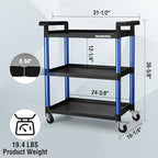 WORKPRO 3-Tier Service Utility Cart, 400LBS Plastic Rolling Cart with Handles & Lockable Wheels, Heavy Duty Storage Cart for Restaurant, Kitchen, Office, Garage, Warehouse - Image 4