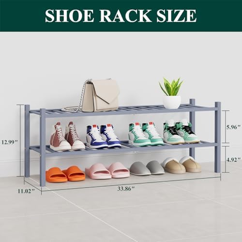 Smiry Bamboo Shoe Rack, 16 Vertical Slats, 2 Tier - 33.7" Wide, Grey - Image 2