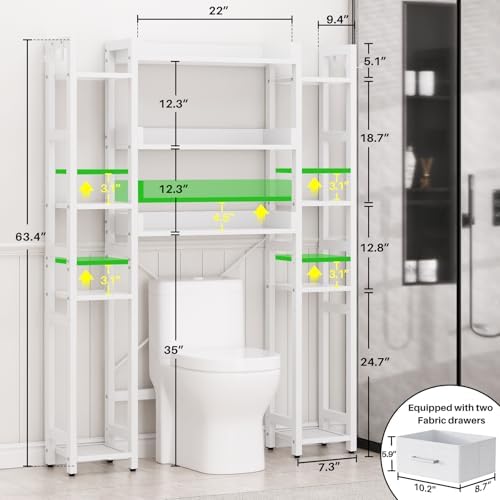 Besiost Over The Toilet Storage, 11 Tier Bathroom Organizer with Dual Side Racks and 2 Fabric Drawers, Adjustable Freestanding Rack Space Saver for Small Spaces, White - Image 3