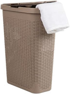 Mind Reader Slim Laundry Hamper with Lid, 40L Clothes Basket, Narrow Tapered Design with Ventilated Cutout Pattern, Plastic, Tan by MindReader