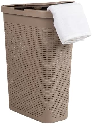 Mind Reader Slim Laundry Hamper with Lid, 40L Clothes Basket, Narrow Tapered Design with Ventilated Cutout Pattern, Plastic, Tan by MindReader