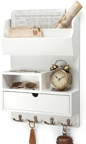 Rebee Vision Pine Wood Key Holder Wall Mount with Shelf & Drawer, White by REBEEVISION