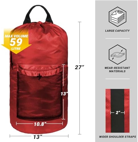 Laundry Bag with Shoulder Straps and Mesh Pocket Laundry Backpack Large Portable Laundry Hamper for College Laundromat Apartment (Red) - Image 2