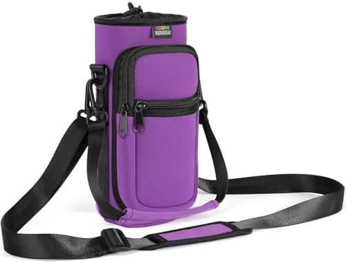 Nuovoware Water Bottle Carrier Bag, 25oz/32oz Bottle Pouch Holder, Adjustable Shoulder Hand Strap 2 Pocket Sling Neoprene Sleeve Sports Accessories for Men/Women Hiking Travelling, Purple by NUOVOWARE