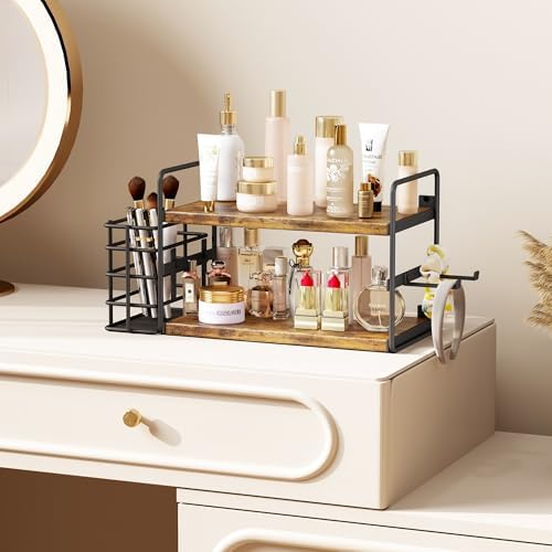 3-in-1 Wall Mounted Hair Dryer Holder with 2 Tier Shelves & Detachable Basket, Space Saving Organizer for Bathroom, Kitchen, Bedroom, Rust-Resistant, Easy Install (Rustic Brown) - Image 5