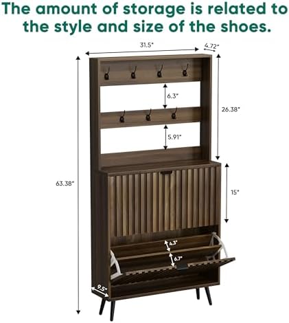 Smuxee Shoe Cabinet with 2 Flip Drawers & Coat Rack Hooks, 31.5" Walnut Hidden Shoe Storage Cabinet, 2-in-1 Hall Tree Slim Freestanding Shoe Rack Organizer for Entryway, Hallway, Living Room - Image 2