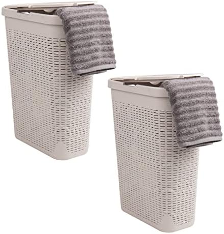 Mind Reader 40L Slim Laundry Hamper with Lid, Narrow Clothes Baskets, Set of 2, Ivory by MindReader