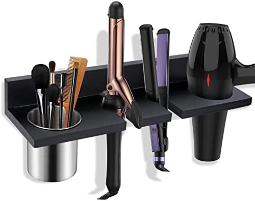 Hair Tool Organizer Wall Mounted - Wooden Dryer Holder, Blow Dryer Holder for Bathroom, Rustic Styling Tools Organizer for Flat Iron, Curling Wand, Hair Straighteners, Brushes, Black by SeashpeaHome