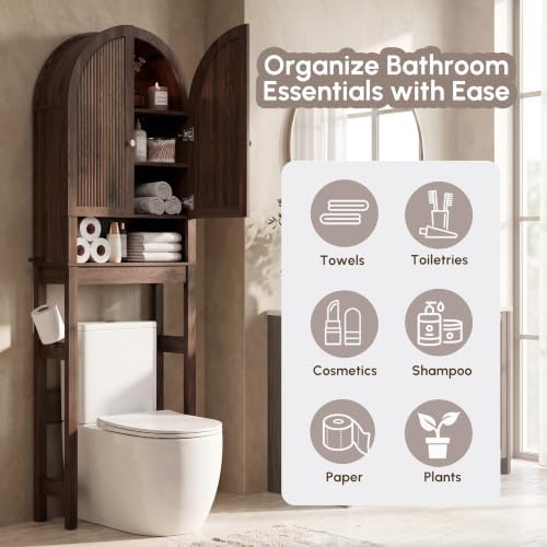 HMstone Over The Toilet Storage Cabinet, Arched Bathroom Organizer and Storage with Doors and Adjustable Shelf, Space-Saving Freestanding Bathroom Modern Storage Cabinet Over Toilet (Walnut) - Image 4
