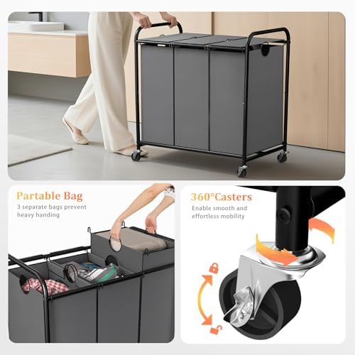 180L Laundry Sorter 3 Section, Rolling Laundry Basket with Wheels and Lid - Image 3