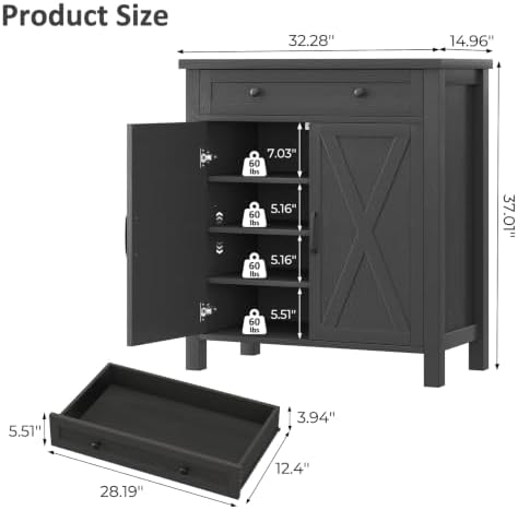 Farmhouse Shoe Storage Cabinet, 5-Tier High Boots Organizer with Adjustable Shelves, Large Drawer & Barn Doors, Entryway Shoe Rack for Hallway Living Room, Black - Image 2