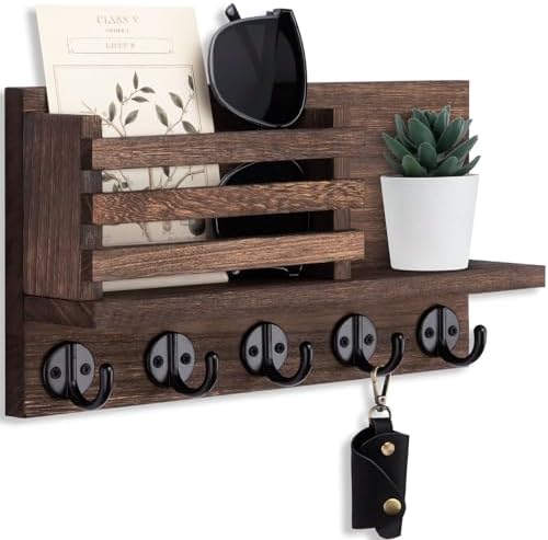 Lwenki Key Holder for Wall – Decorative Wooden Mail Holder and Key Shelf with Mounting Hardware, Installation Guide – Paulownia Wood with Metal Key Hooks (Brown, Large - 11.8inch) by Lwenki
