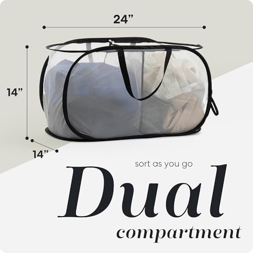 Foldable Laundry Basket - Popup and Collapsible, Durable Mesh Material, Folds for Storage, Easy Carry Handles - Great Hamper for College Dorm, Laundry Room or Travel (White-Black, 2-Compartments) - Image 2