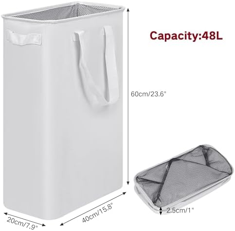 efluky Slim Laundry Basket, Narrow Laundry Hamper with Handles, Collapsible Dirty Clothes Hamper, Tall Laundry Bin for Laundry Room, Dorm and Bedroom, 12.7 Gallons(48L) White - Image 2