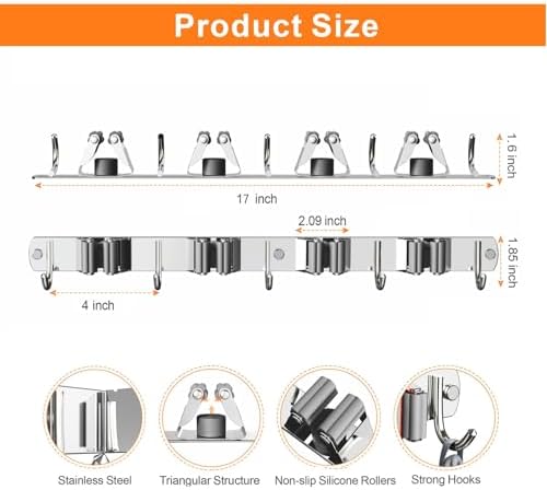 CUXIXA 2 Pack Mop and Broom Holder Wall Mount, Non-slip Broom Hanger Wall Mount, Heavy Duty Mop Broom Organizer for Kitchen Garden Garage Laundry Room Wall Decor Organization and Storage Silver 4R5H - Image 5