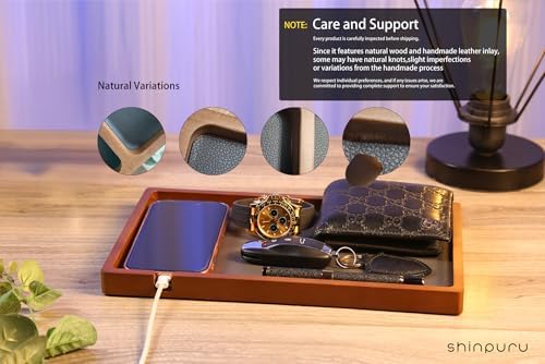 Shinpuru Wooden Valet Tray for Men, Nightstand Organizer with Leather Inlay, EDC Essentials Catchall Tray for Keys, Phone, Wallet, Watch, Earbuds - Bedside Desk Entryway Tray (Wood-Full) - Image 5