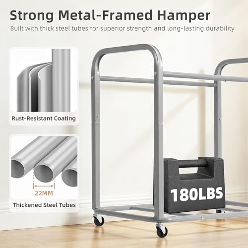 STORAGE MANIAC Laundry Hamper 3 Section with Lid Rolling Laundry Basket - Image 4