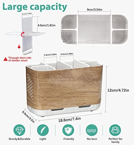 Boperzi Toothbrush and Toothpaste Holder Wood Grain for Bathroom Countertop with Adjustable Dividers, Toothpaste Caddy Organizer Storage Rustic Decor Set Freestanding Anti-Slip for Shower,Family,Kids - Image 5