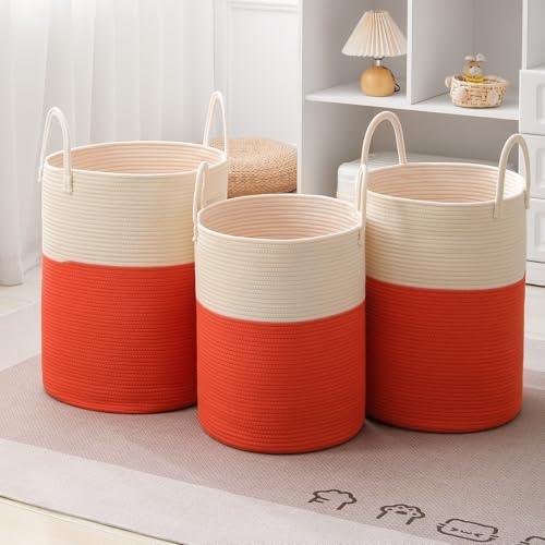 Woven Laundry Hamper Tall Rope Storage Basket for Blanket oys Dirty Clothes in Living Room Bathroom Bedroom (White&Orange, 60L/15.8Gal) - Image 6
