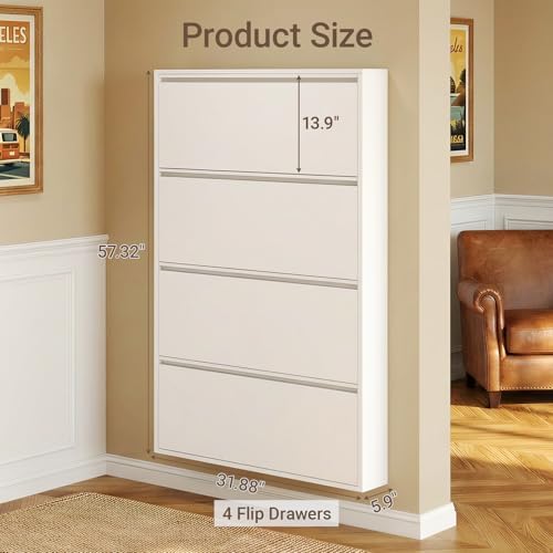 4 Flip Drawer Shoe Cabinet, Slim Metal Storage for Entryway - Image 2