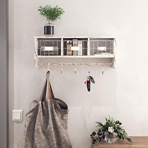 HBCY Creations Wall Mounted Shelf with Coat Hooks and Baskets, Solid Wood Entryway Organizer Wall Shelf with Hooks - Hang Coats, Keys or Coffee Mugs, Rustic Whitewashed 24" Wide by HBCYCreations
