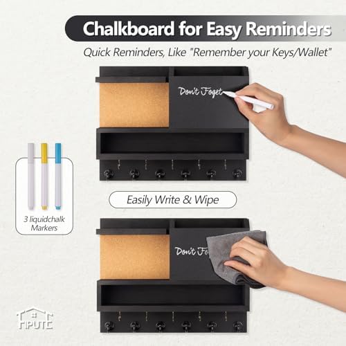 Key Holder for Wall Mount with Mail Organizer, Farmhouse Key Holder for Wall with Shelf, Chalkboard&Corkboard, Entryway Organizer 11 Metal Hooks, Decorative Natural Pine Wood, 14.6*11.1*3.3”, A-Black - Image 5