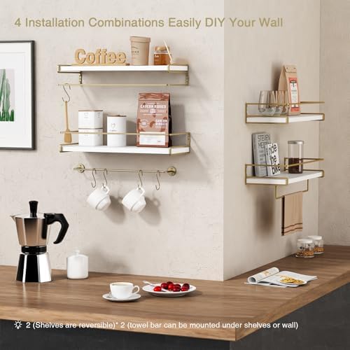 Forbena Floating Bathroom Shelves Wall Mounted, Aesthetic White and Gold Shelves for Bathroom Accessories, Modern Bathroom Organizer with Tower Bar for Wall Decor Storage Small Spaces, Set of 2 - Image 6