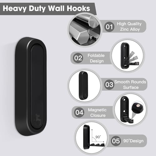 Dntorx Folding Wall Hooks, 2 Pcs Foldable Black Coat Hooks Heavy Duty Foldable Hook Bathroom Towel Hooks Robe Hooks Wall Mounted for Hanging Coat Towels Clothes Hat Bags Keys - Image 2