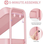 TOOLF 4 Tier Rolling Cart, Metal Utility Storage Cart with Pegboard, Pink | 2 Bins & 4 Hooks, Screwless Assembly, Lockable Wheels, Trolley Organizer for Bathroom, Kitchen, Office, Dorm, Craft Room - Image 5