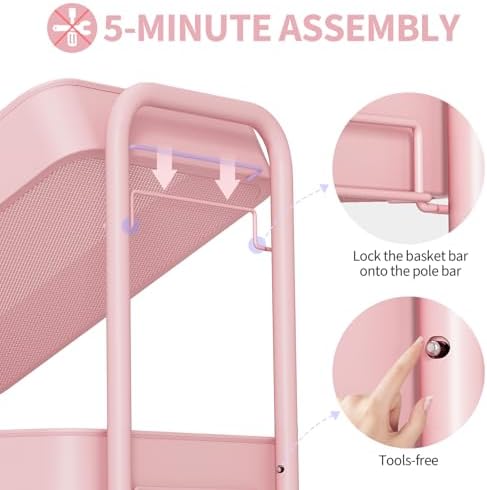 TOOLF 3 Tier Rolling Cart Storage Organizer, Metal Rolling Utility Cart with Wheels, Hooks & Bins Esthetician Craft Art Sturdy Storage with Pegboard for Bathroom, Kitchen, Office, Nursery Diaper - Image 4