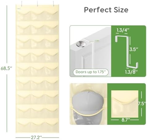 Baseball Hat Rack, 27 Pocket Over-The-Door Hat Organizer with Clear Deep Pockets to Display Baseball Caps Collection, Complete with 3 Over Door Hooks (Beige, 27 Pockets) - Image 2