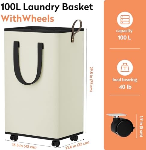 SpaceTrove Rolling Laundry Basket with Wheels, Laundry Hamper, 100L, Cream - Image 2