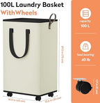 SpaceTrove Rolling Laundry Basket with Wheels, Laundry Hamper, 100L, Cream - Image 2