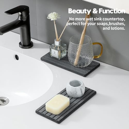 Razborci 2PCS Diatomite Water Absorbing Stone Drying Tray Mat for Bathroom & Kitchen Counter, Instant Dry Drink Bar Coaster, Vanity Sink Caddy Organizer, Dish Soap Sponge Holder, Dark Gray, 8"x3.8" - Image 2