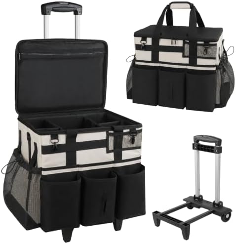 SCAVATA Rolling Cleaning Caddy Bag with Detachable Trolley, Large Cleaning Supplies Organizer with Wheels, Multi-Pocket Cleaning Cart with Adjustable Shoulder Strap for Housekeepers (CreamWhite) by Tidyyourlife